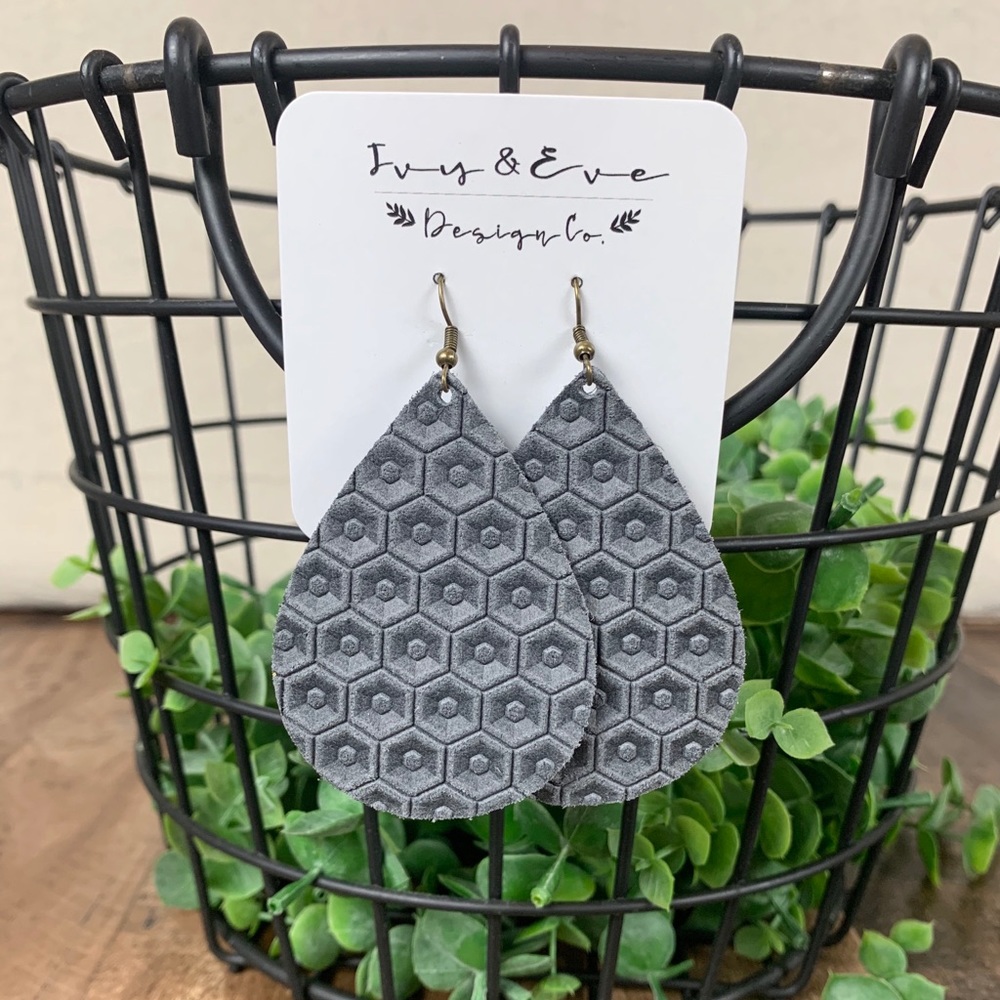 Genuine Leather Grey Geo Earrings - Various Sizes